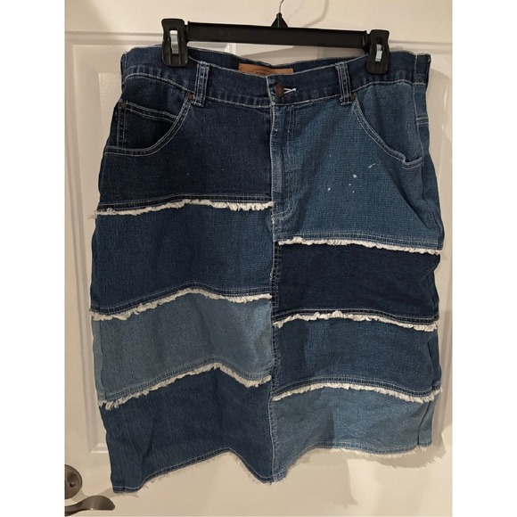 Denim Patchwork Skirt Frayed Hem Unique Design Casual Trendy‎ Blue - Picture 1 of 7
